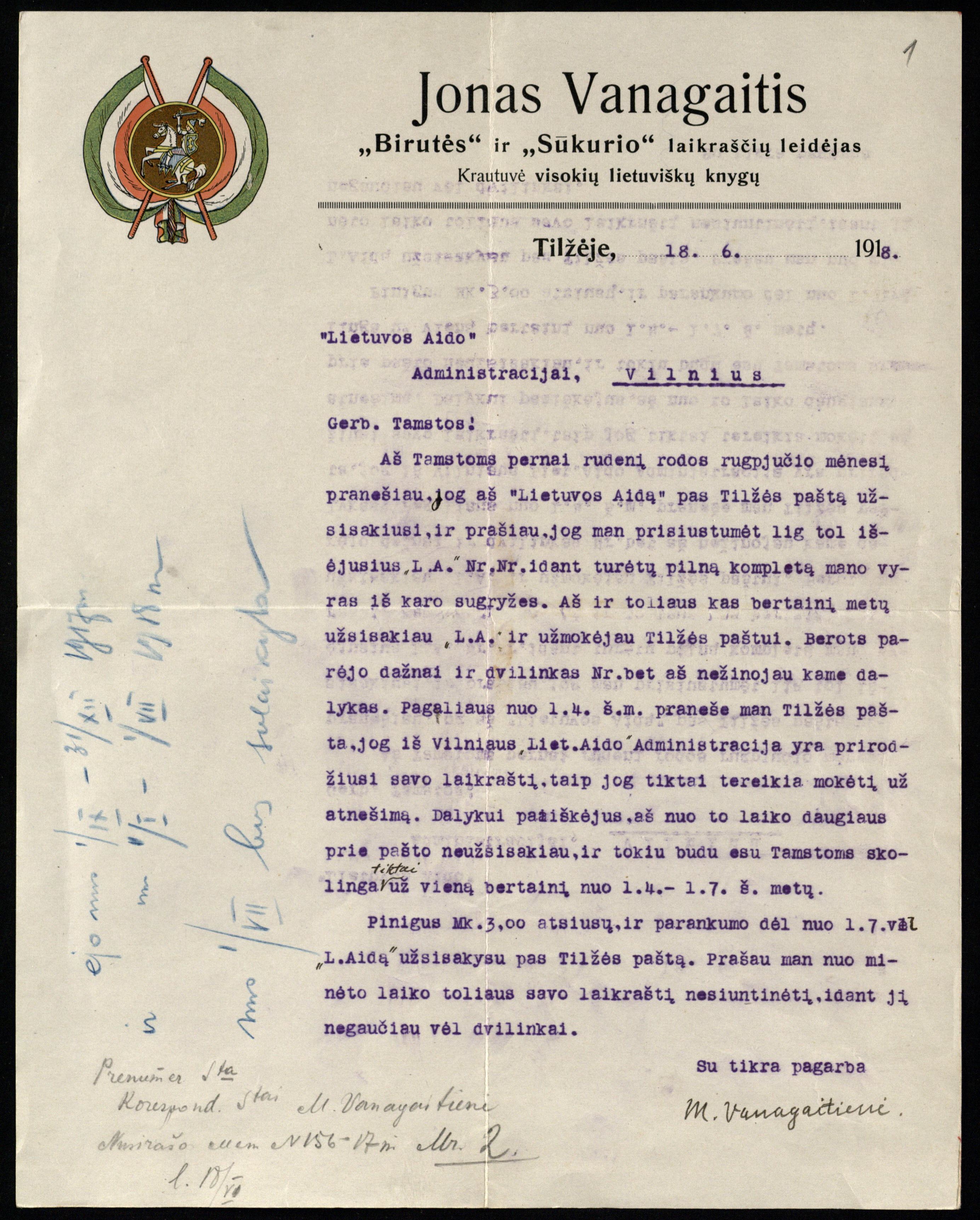 M. Vanagaitienės raštas (ant „Birutės“ ir „Sūkurio“ laikraščių leidėjo J. Vanagaičio firminio blanko) „Lietuvos aido“ administracijai dėl laikraščio prenumeratos nesklandumų. Tilžė, 1918 06 18