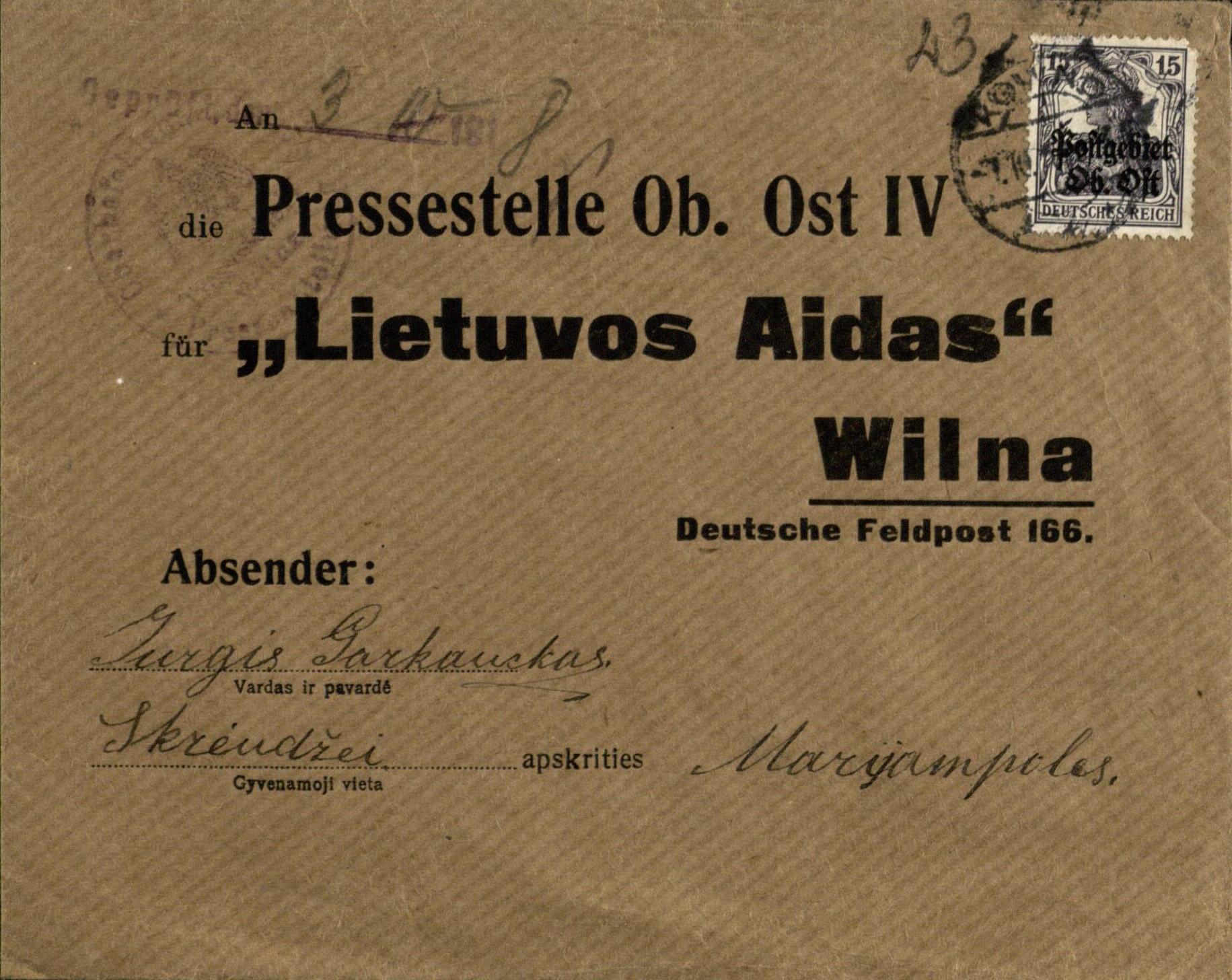 „Lietuvos aido“ firminis vokas, ant kurio užrašytas laiško siuntėjo Jurgio Garkausko iš Marijampolės apskrities Skriaudžių kaimo, adresas. [1917–1918]