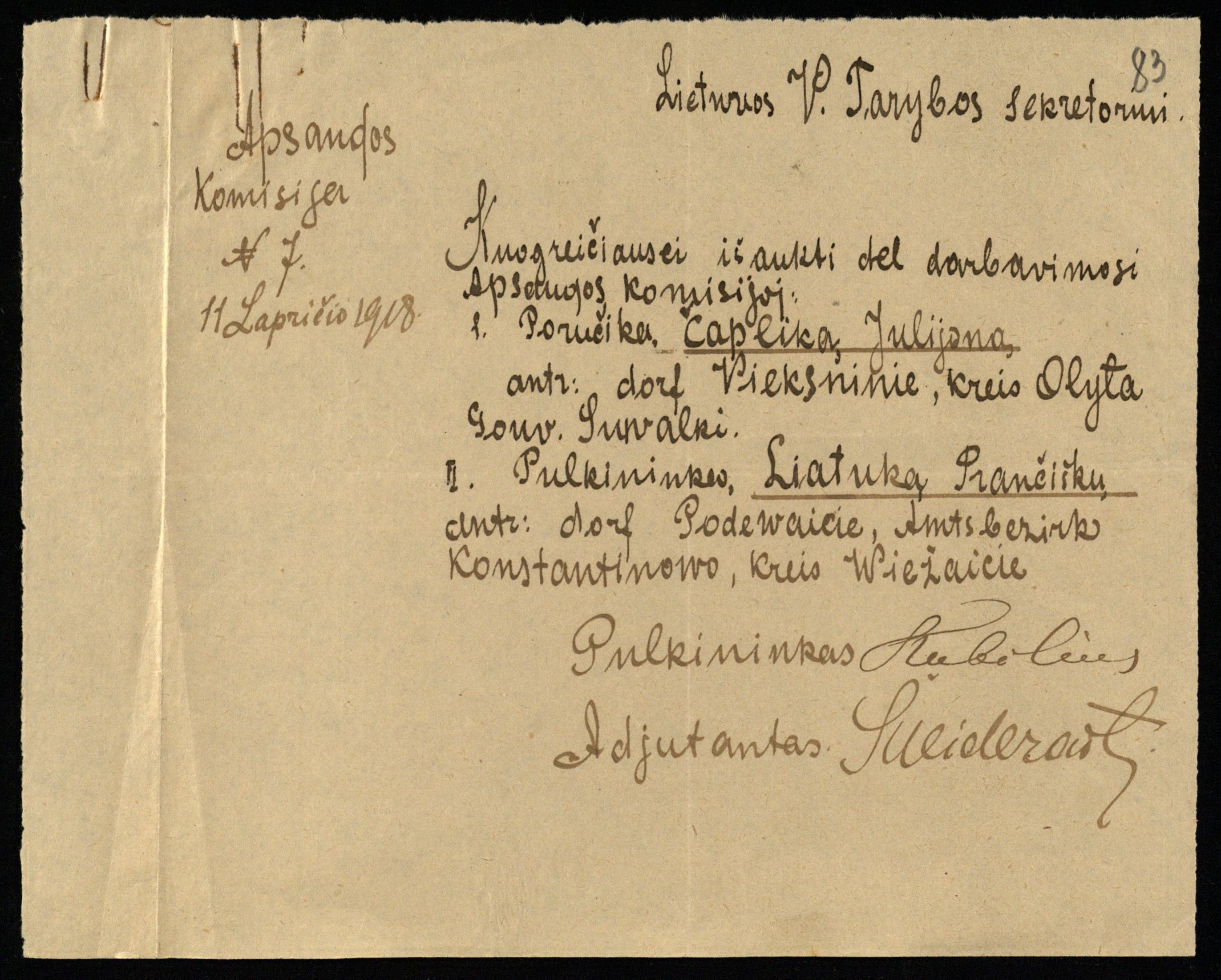 Apsaugos komisijos raštas Lietuvos Valstybės Tarybos sekretoriui dėl karininkų iškvietimo. Pasirašė pulkininkas J. Kubilius ir adjutantas V. Šneideraitis. 1918 11 11