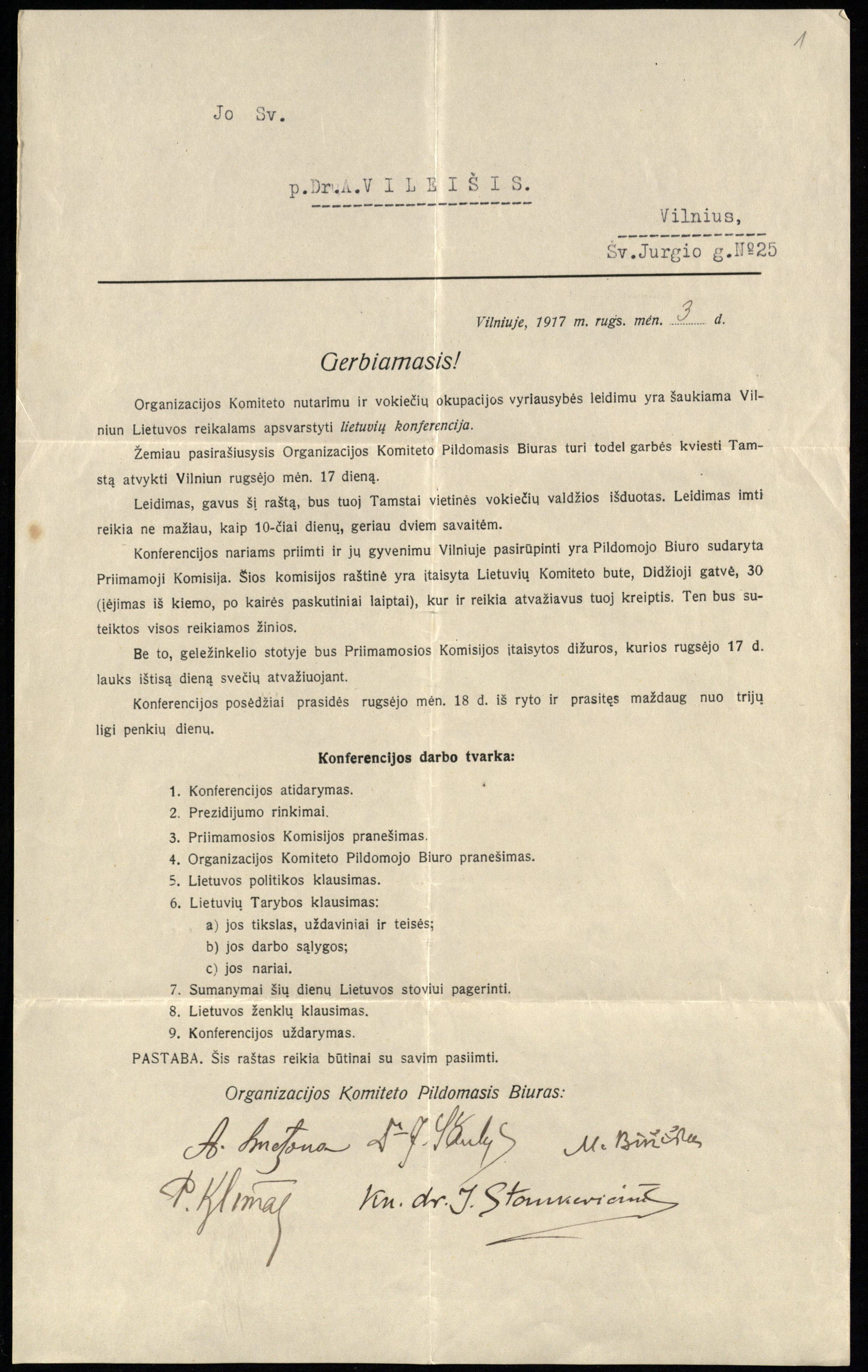 Lietuvių konferencijos Organizacinio komiteto („Pildomojo“) biuro kvietimas atvykti į konferenciją, adresuotas A. Vileišiui. Vilnius, 1917 09 03