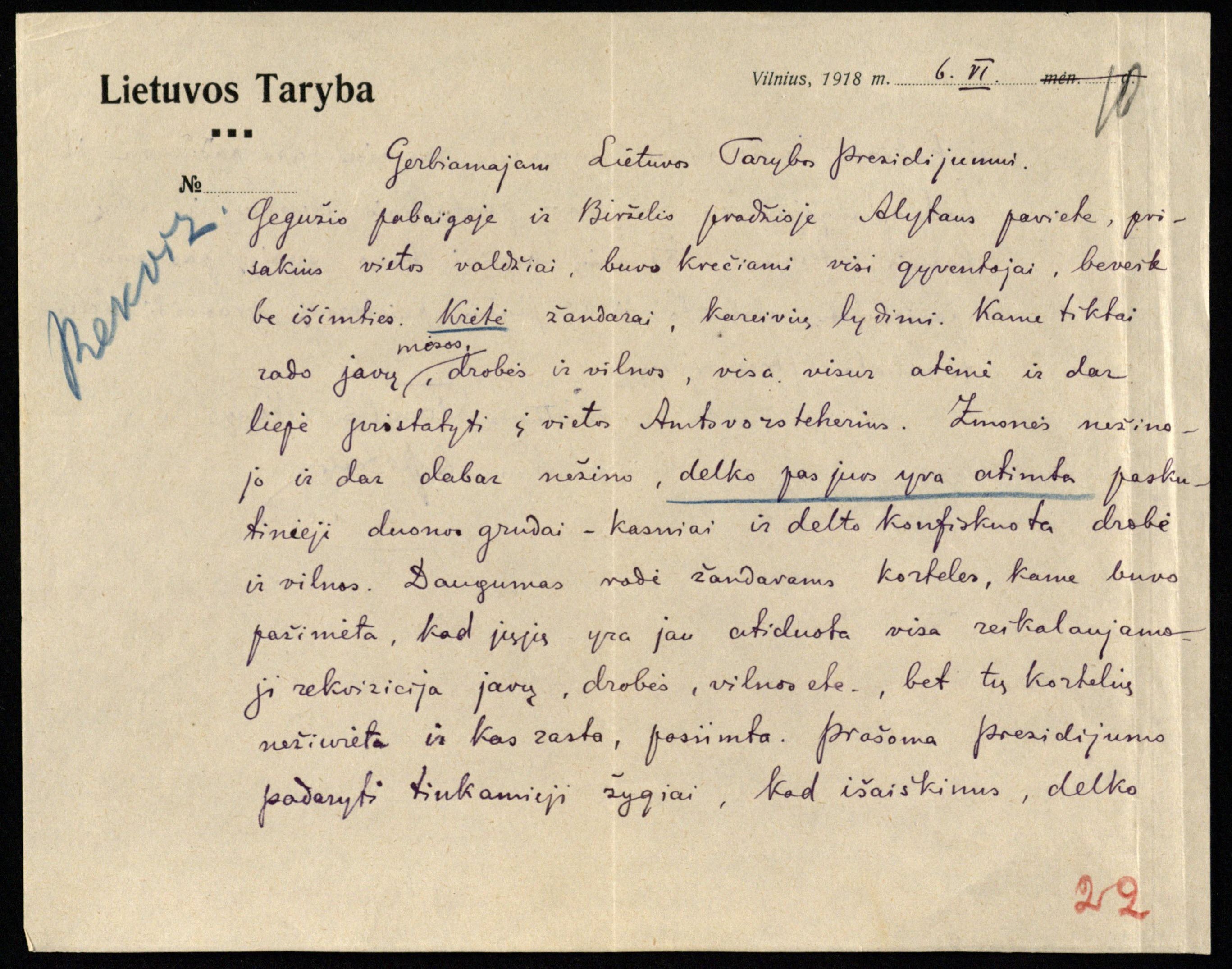 Lietuvos Tarybos nario, Vasario 16 d. Akto signataro, kun. A. Petrulio raštas Lietuvos Tarybos Prezidiumui dėl vokiečių vykdytų rekvizicijų Alytaus apskrityje. Vilnius, 1918 06 06