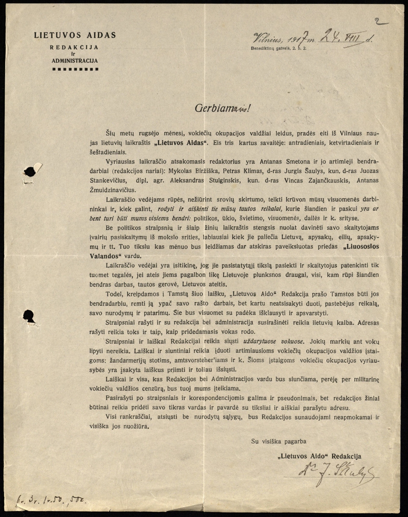 „Lietuvos aido“ redakcijos ir administracijos vardu pasirašęs J. Šaulys kviečia neįvardintą asmenį bendradarbiauti laikraštyje. Vilnius, 1917 08 24