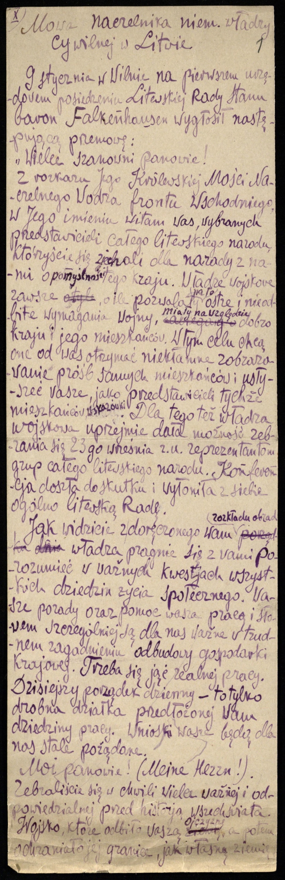 Vokiečių karo valdžios viršininko Lietuvoje F. Falkenhauzeno kalba, pasakyta pradedant pirmą Lietuvos Tarybos posėdį. Vertimas į lenkų kalbą. Vilnius, 1918 01 09