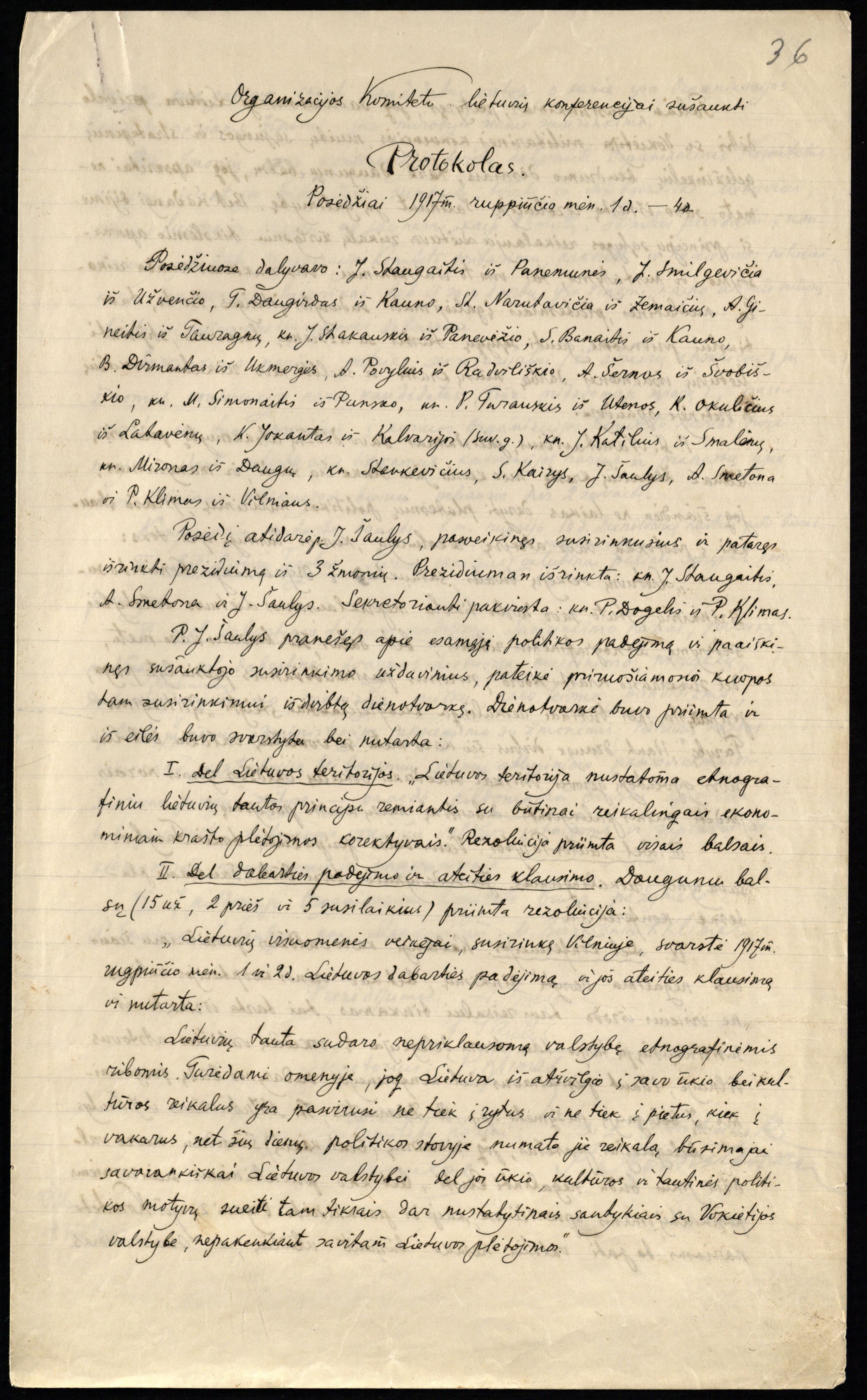 Organizacinio komiteto Lietuvių konferencijai sušaukti protokolas. 1917 m. rugpjūčio mėn. 1–4 d. posėdžiai. Vilnius, 1917 08 04
