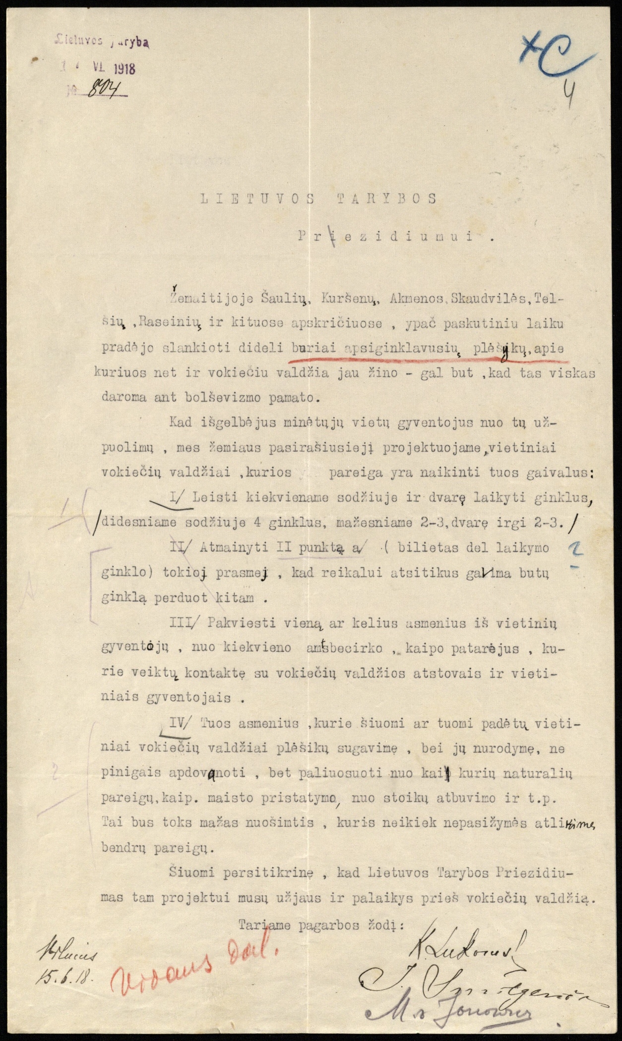 Žemaitijos gyventojų, tarpe jų Vasario 16-osios Akto signataro J. Smilgevičiaus, raštas Lietuvos Tarybos Prezidiumui dėl savigynos organizavimo. Vilnius, 1918 06 15