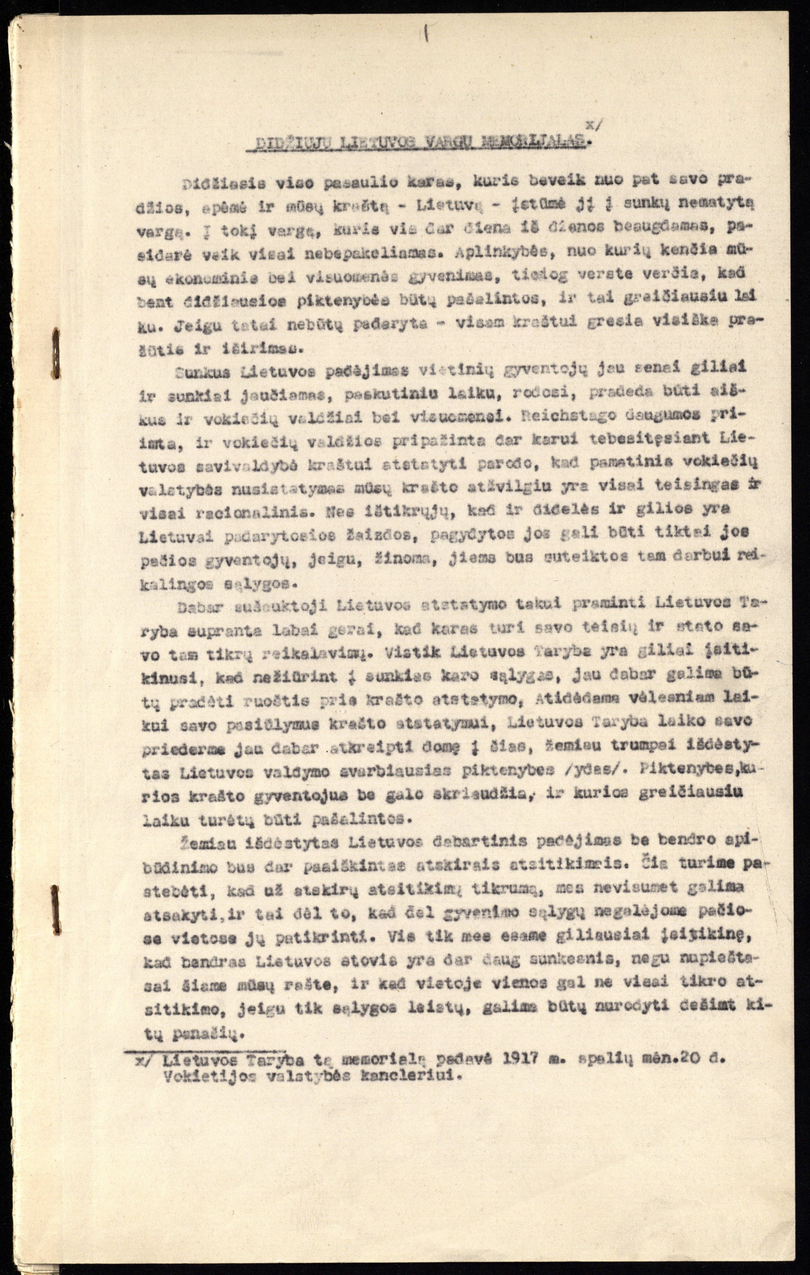 Didžiųjų Lietuvos vargų memorialas. Pasirašė Laikinasis lietuvių tautos tarybos prezidiumas. Vilnius, 1917 10 20