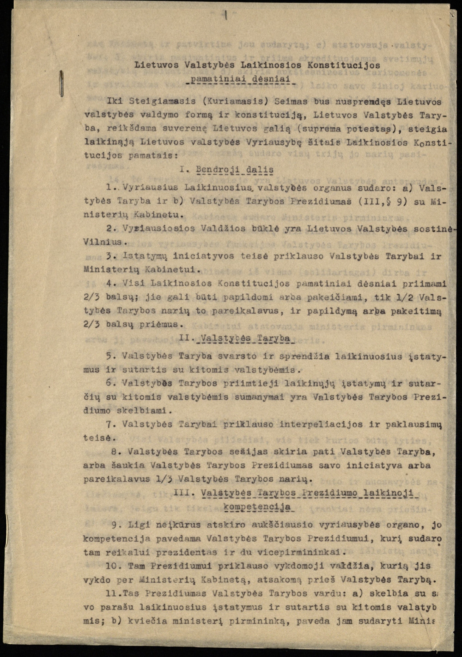 Lietuvos Valstybės Laikinosios Konstitucijos pamatiniai dėsniai. Kopija. Redakcijos komisijos nariai P. Klimas, kun. A. Petrulis, K. Bizauskas. [1918 11 02]