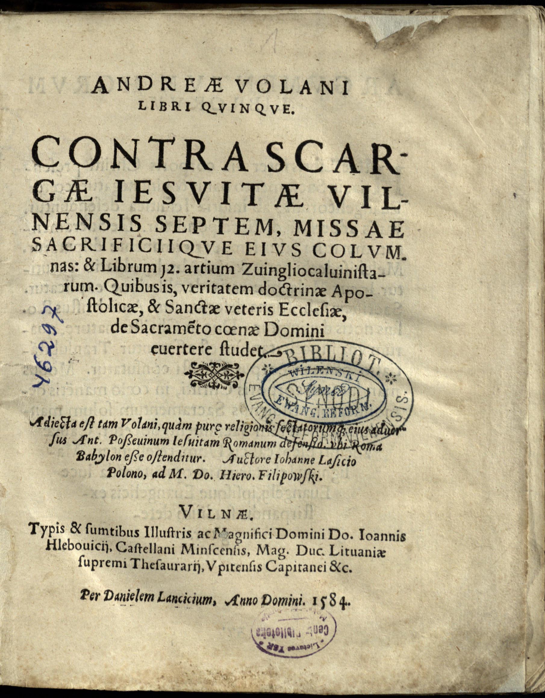 Volanas, Andrius (apie 1530–1610). Andreae Volani Libri quinque … (1584)
