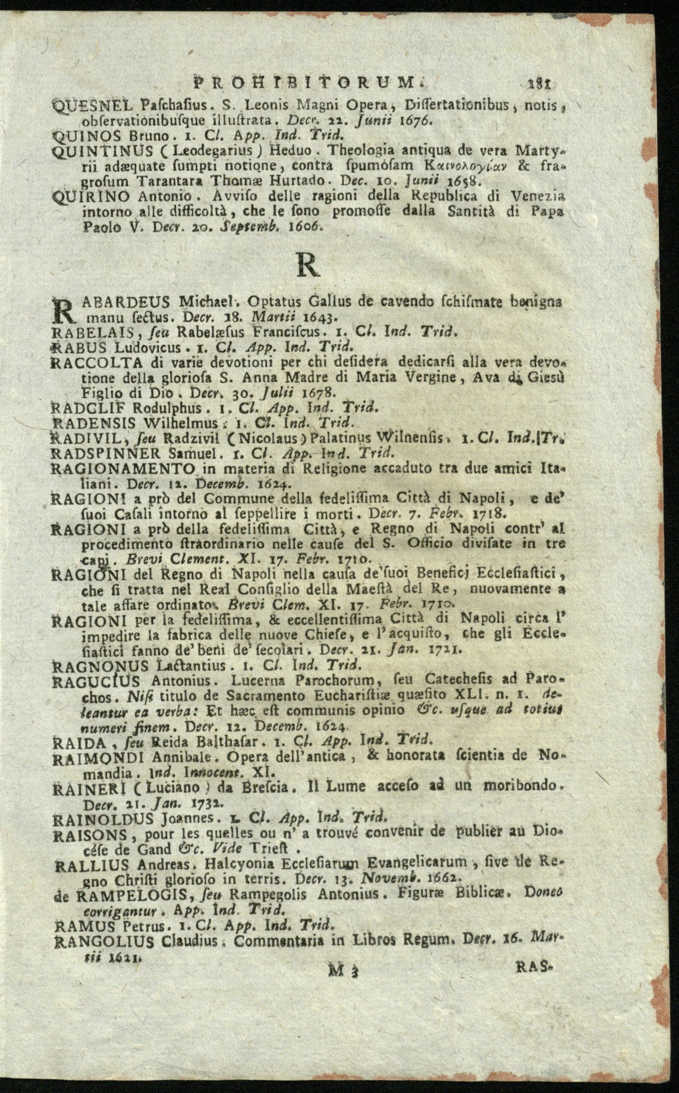 Puslapis su M. Ravilos Juodojo pavarde „Draudžiamųjų knygų“ sąraše (1761)