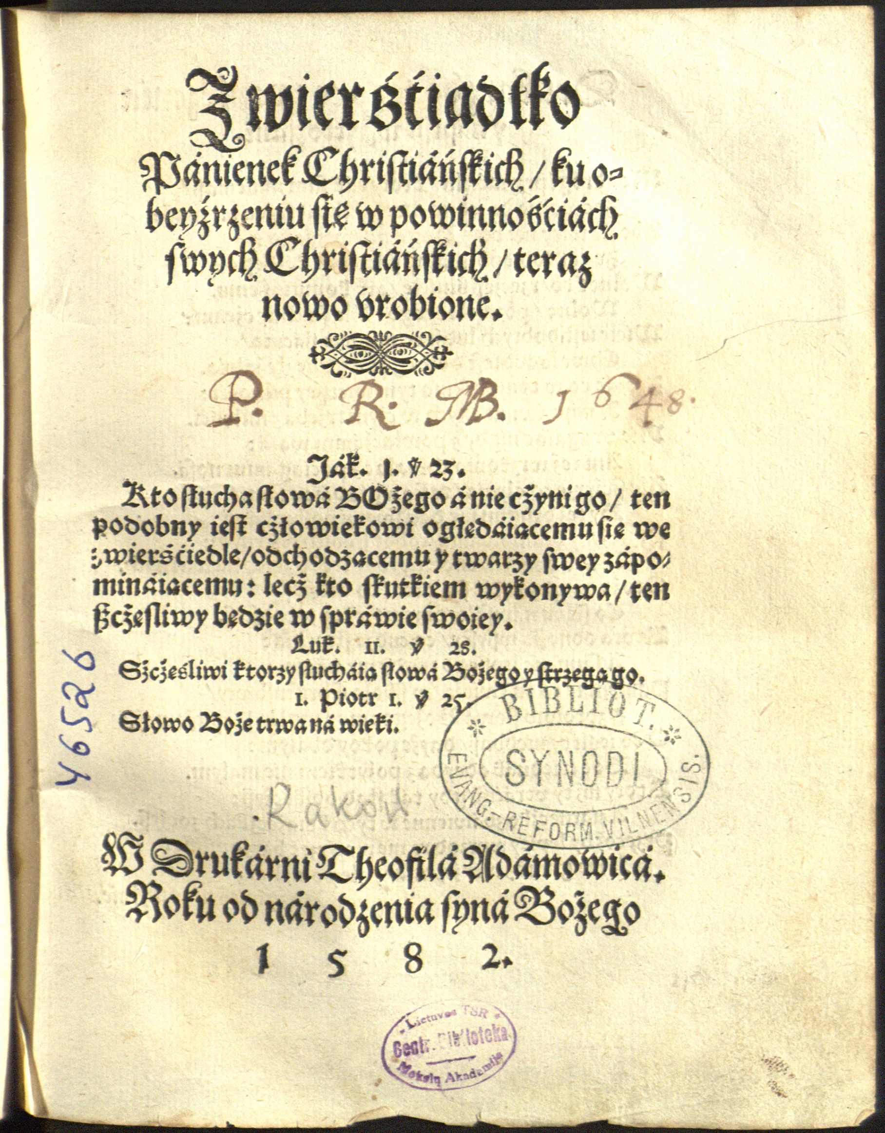 Czechowic, Marcin (1532–1613). Zwierciadłko panienek christiańskich … (1582)