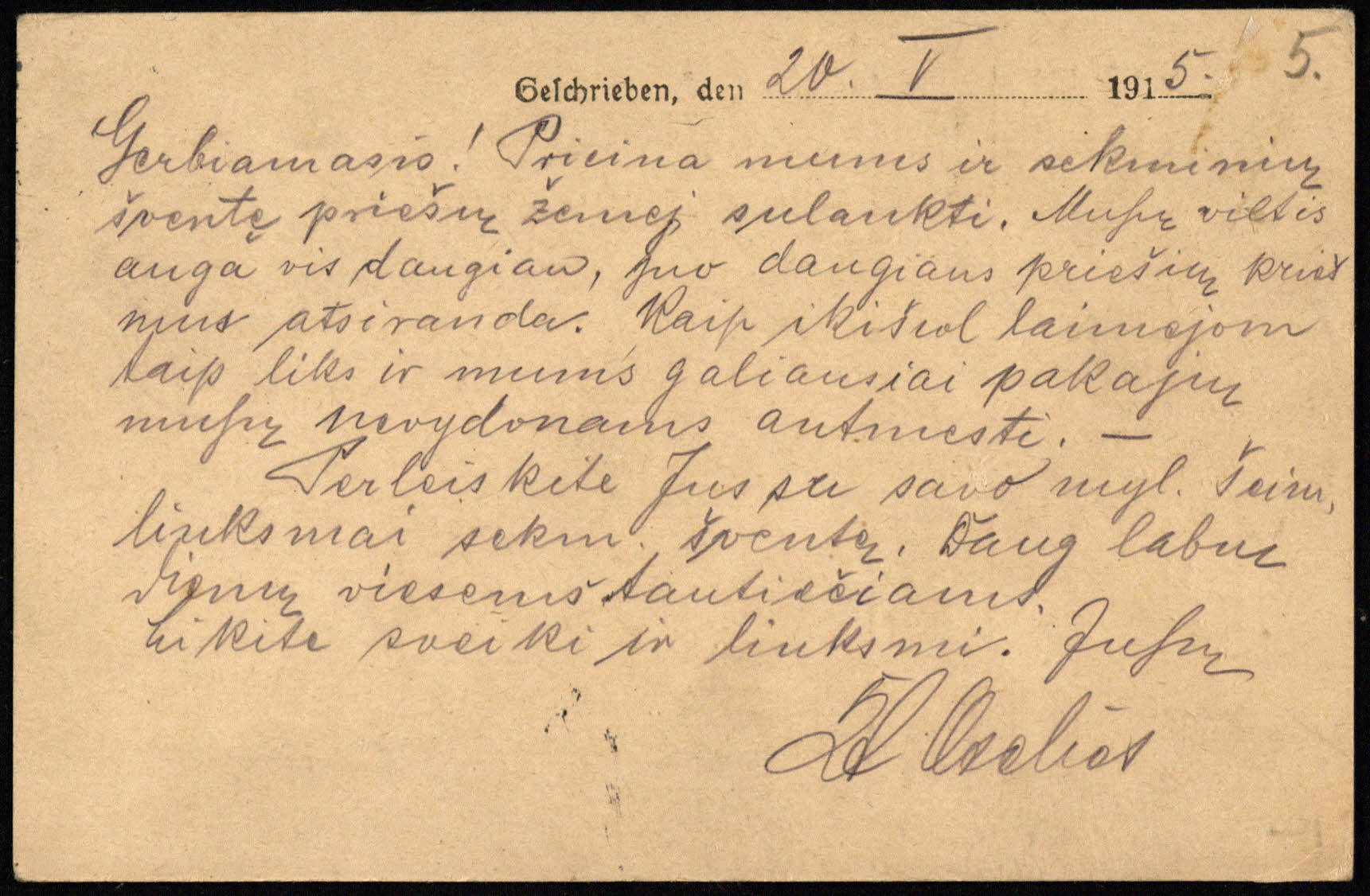 Kareivis S. Oželis atvirlaiškyje Enziui Jagomastui apgailestauja, kad ir Sekminių teks sulaukti priešų žemėje, sveikina su šia švente. 1915 05 20