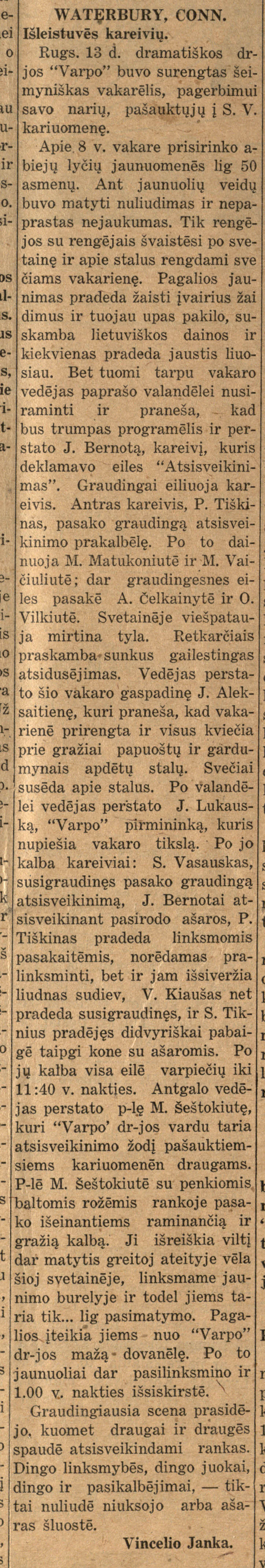 Apie kareivių išleistuves Konektikuto valstijos Vaterburio miesto lietuvių bendruomenėje