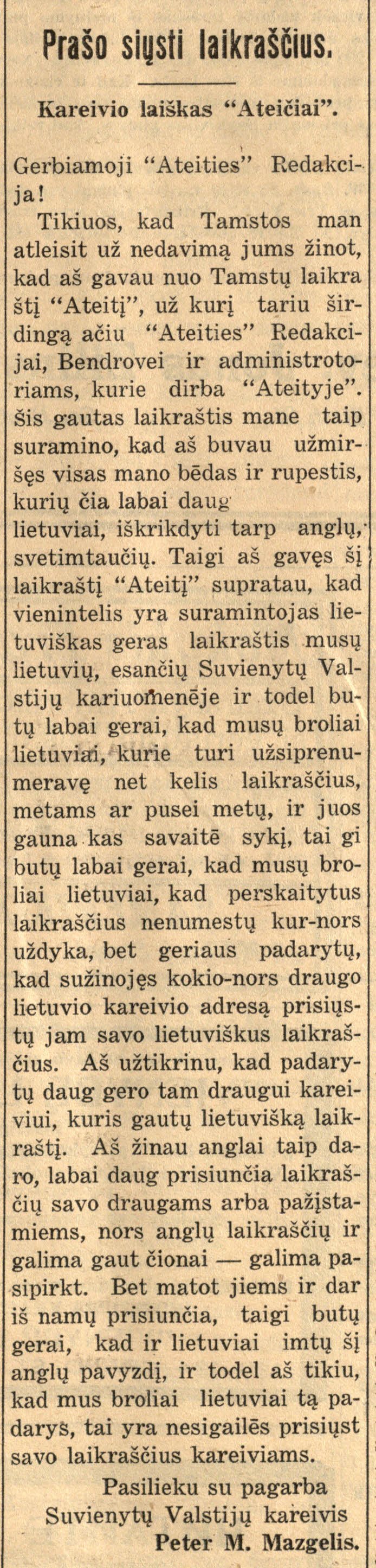 JAV kariuomenėje tarnavusio Petro Mazgelio laiškas redakcijai