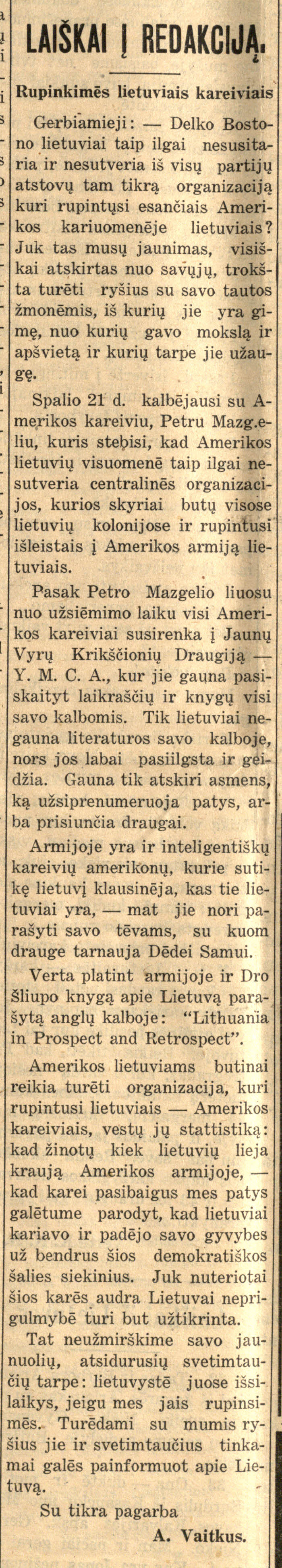 Laikraščio korespondento A. Vaitkaus raginimas pasirūpinti JAV kariuomenėje tarnaujančiais lietuviais