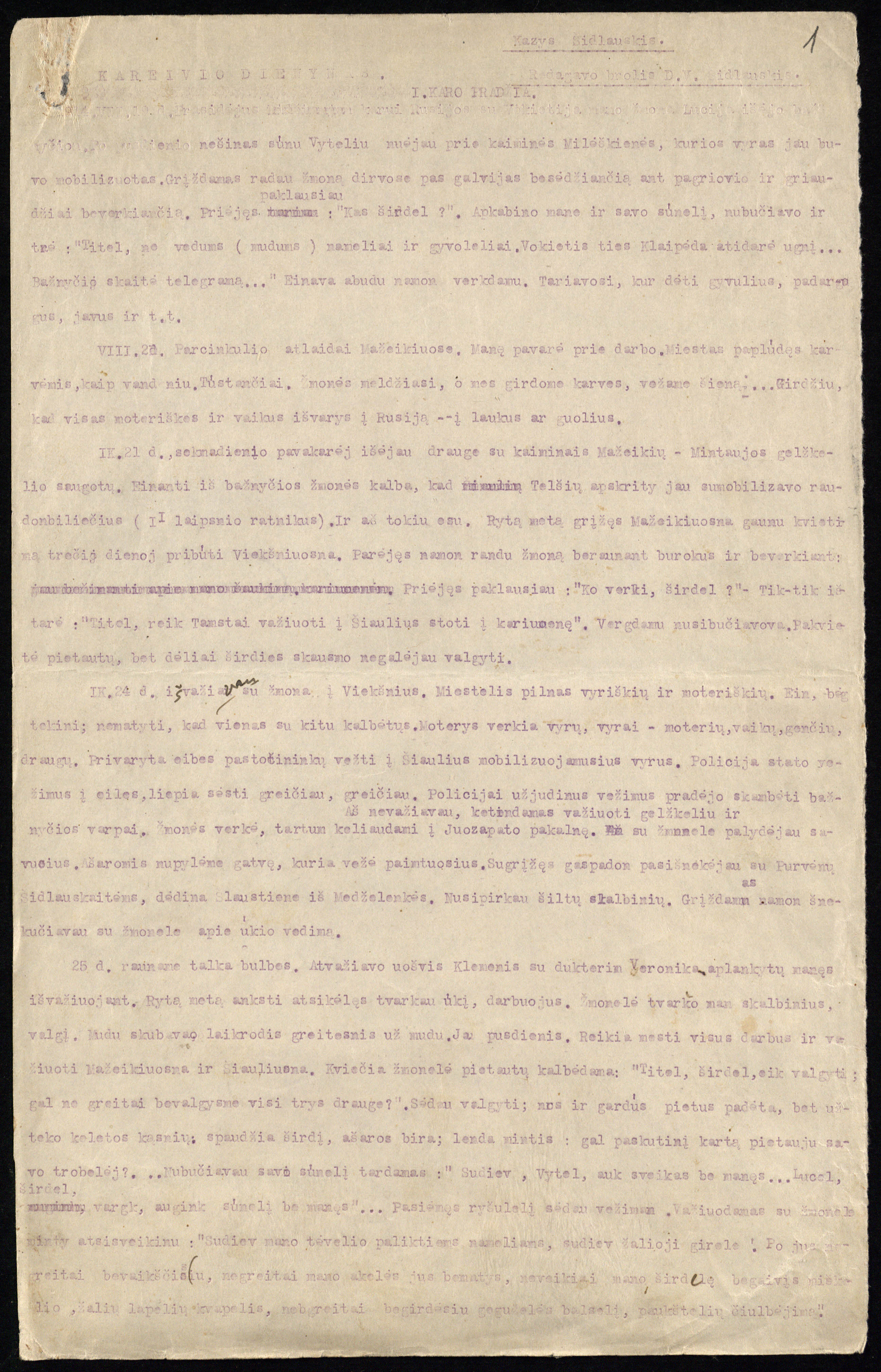 Kazys Šidlauskis. Kareivio dienynas. Redagavo brolis D. V. Šidlauskis. [1924]