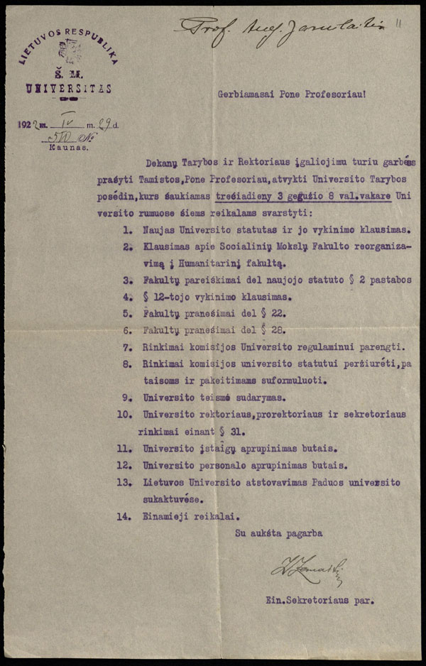 LU sekretoriaus Zigmo Žemaičio pasirašytas kvietimas prof. Augustinui Janulaičiui
