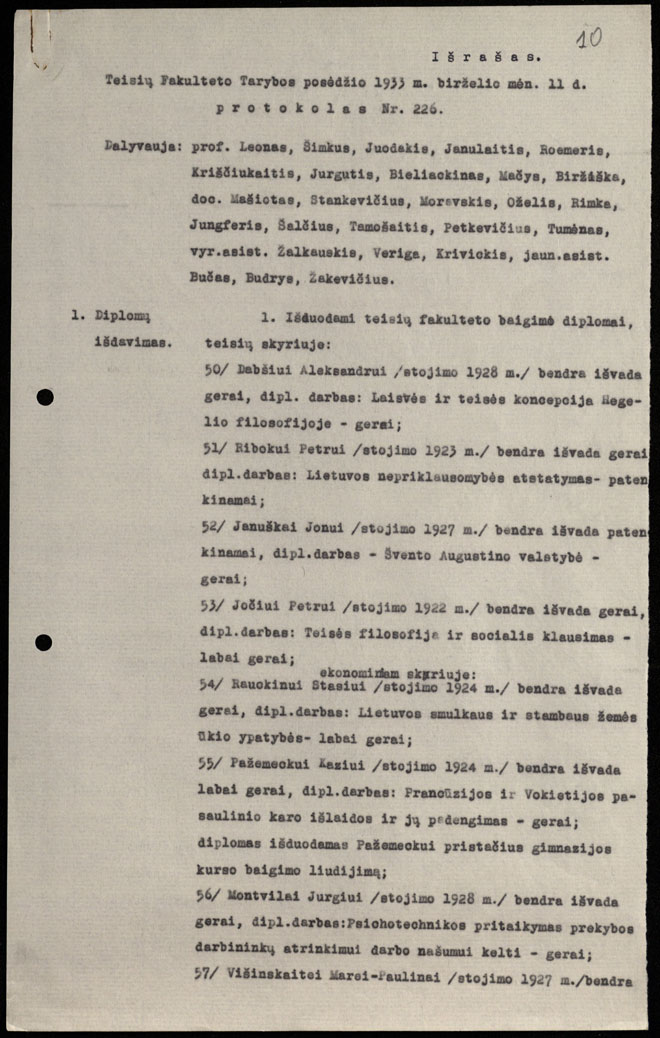 VDU Teisių fakulteto tarybos posėdžio protokolo išrašo pirmas lapas