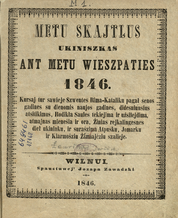 Metu skajtlus ukiniszkas ant metu Wieszpaties 1846