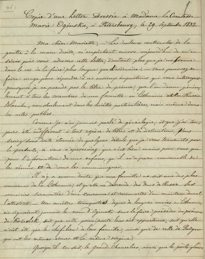 Mykolo Kleopo Oginskio laiškas žmonai Marijai de Neri-Oginskienei