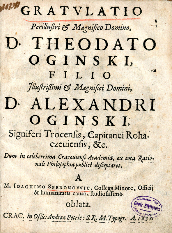 Gratulatio perillustri et magnifico domino, d. Theodato Oginski, filio …