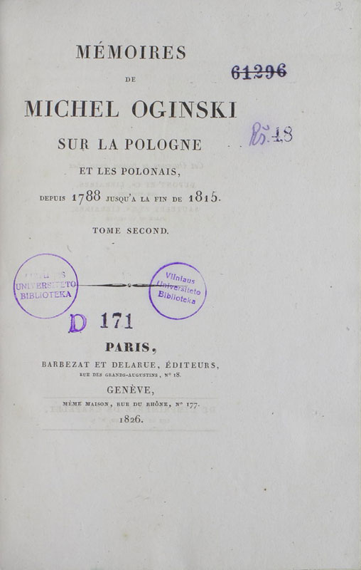 Mémoires de Michel Oginski sur la Pologne et les polonais, depuis 1788 jusqu’a la fin de 1815 [2]