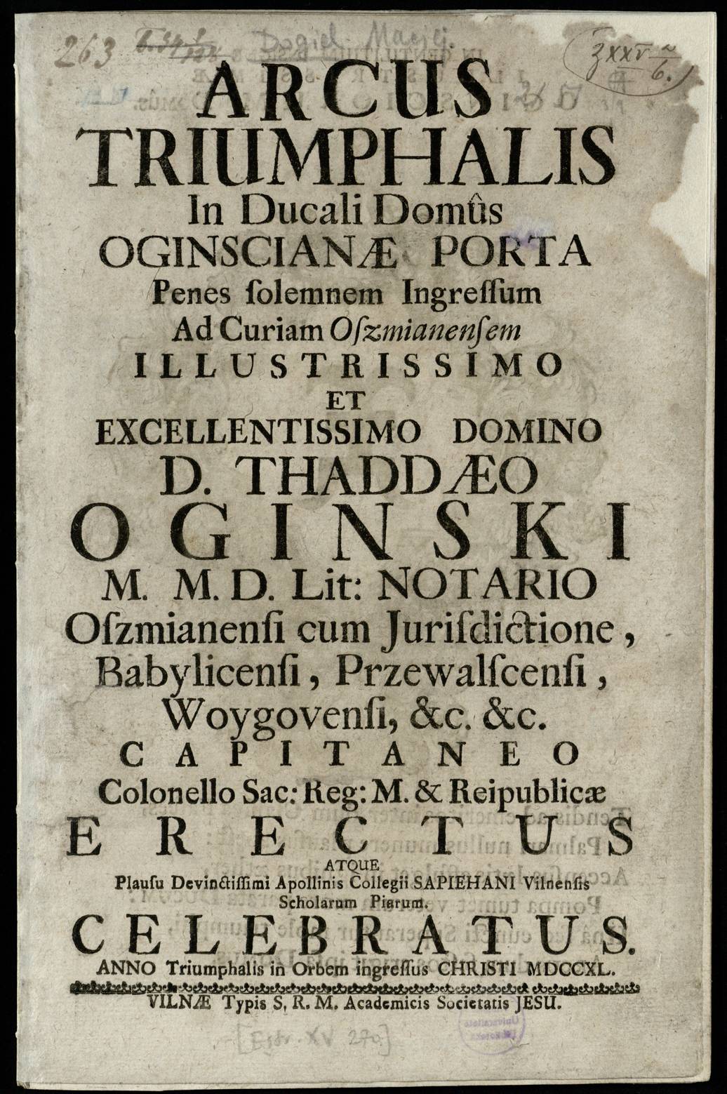 Arcus triumphalis in ducali domus Oginscianae porta […]