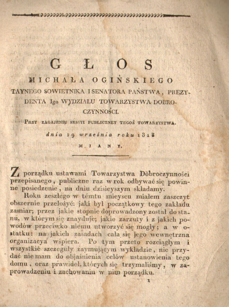 Posiedzenie publiczne Wileńskiego Towarzystwa Dobroczynności odbyte w Wilnie, dnia 29 września 1818 roku