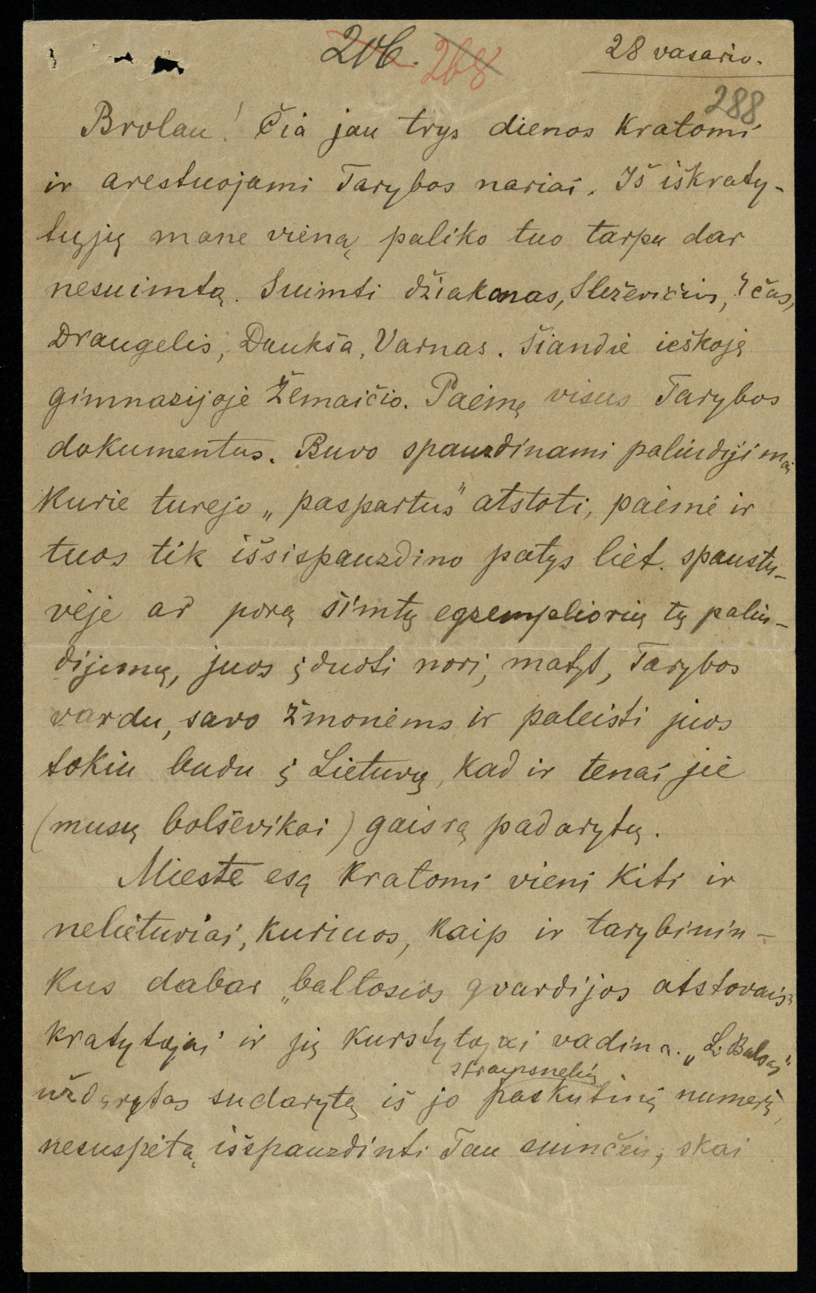 Jono Jablonskio laiškas Petrui Leonui apie Voronežo lietuvių areštus. Voronežas, 1918 02 28. LMAVB RS, F117-1204/3, lap. 288r.