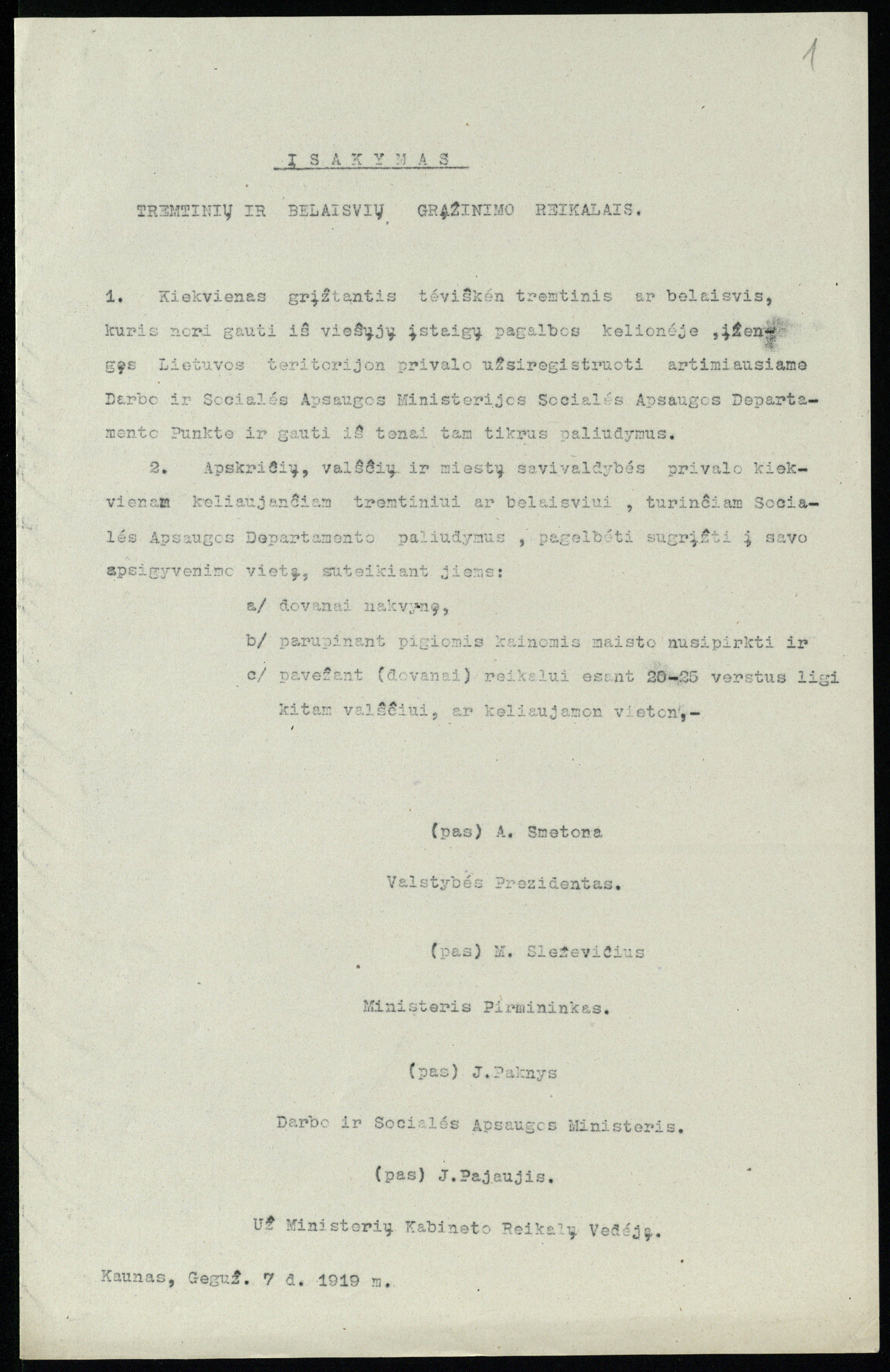 Valstybės prezidento Antano Smetonos įsakymo dėl tremtinių ir belaisvių grąžinimo kopija. Kaunas, 1919 05 07. LMAVB RS, F12-3237, lap. 1.
