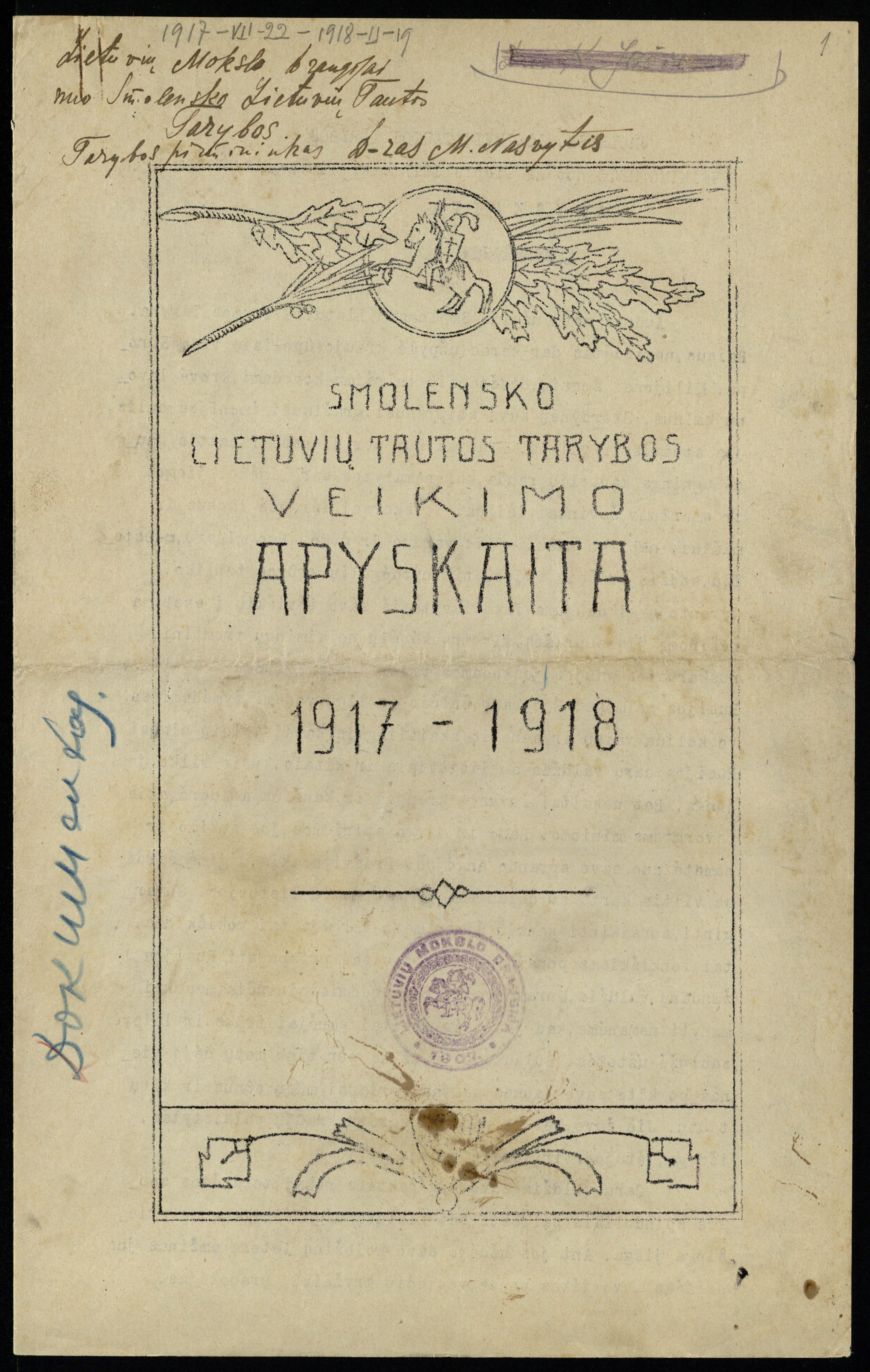 Smolensko lietuvių tautos tarybos veikimo apyskaita. 1917–1918. LMAVB RS, F255-998, lap. 1r.